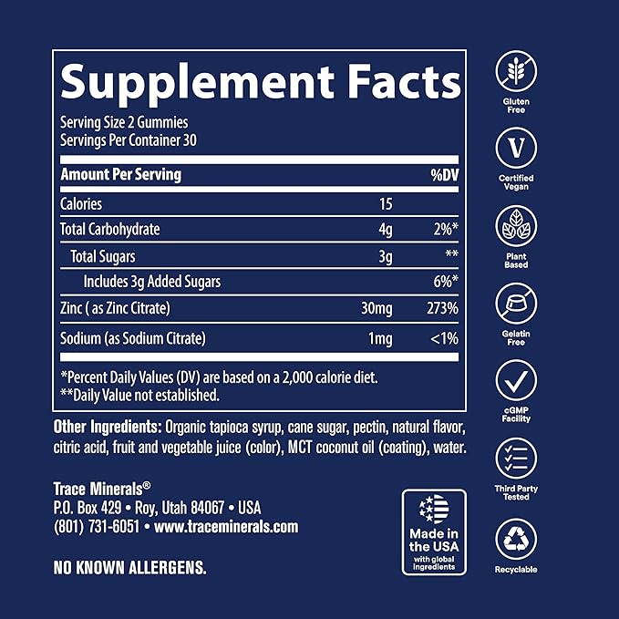 Trace Minerals Zinc - Zinc Gummy Supplement for Healthy Development & Immune Support - Digestion & Metabolism - Children's Gummy - Gelatin-Free & Vegan - Elderberry Flavor - 60 Count (30 Servings)