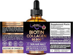 Liquid Biotin & Collagen 60,000 mcg - Vitamins for Hair Growth Support - Extra Strength Drops for Women & Men - Liquid Collagen Supplement - Strong Nails & Healthy Skin - Made in USA - 2 Fl Oz
