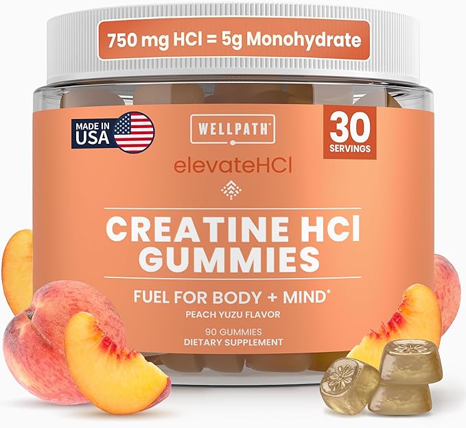 WellPath Creatine HCl Gummies 750mg – Chewable Creatine Gummies for Women and Men – 5g Monohydrate Equivalent - Peach Yuzu Tart Flavor, Real Sugar - Cognitive & Performance Support – Non-GMO, 90ct