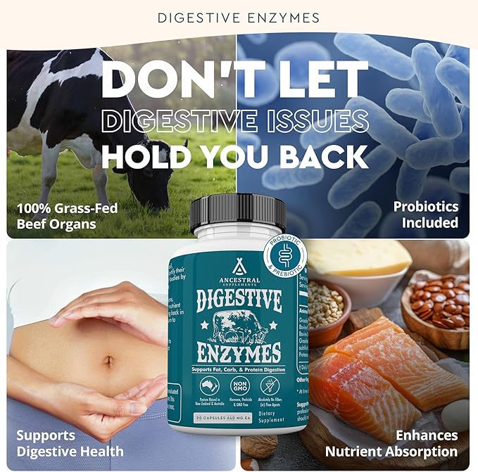 Ancestral Supplements Digestive Enzymes for Women & Men, 90 Capsules, with Probiotics and Grass Fed Beef Organs, Supports Gut Health, Digestive Health & Nutrient Absorption, Allergen Free, Non GMO