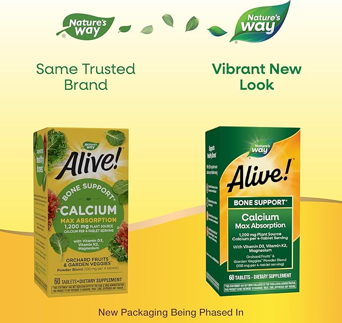 Nature’s Way Alive! Calcium Bone Support Tablets*, Max Absorption Calcium Supplement with Vitamins D3, K2, & Magnesium, Promotes Bone Health and Bone Density*, Gluten Free, 60 Tablets
