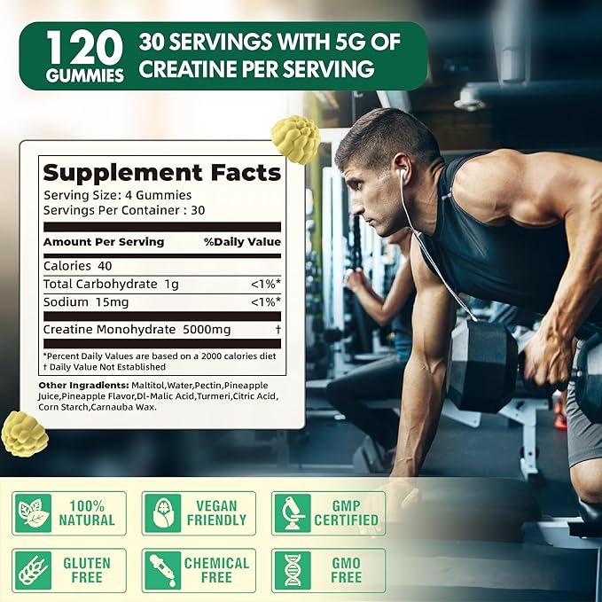 NSF Certified Creatine Gummy 5g - Creatine Monohydrate Gummies for Men & Women, Creatine Monohydrate for Muscle Strength, Muscle Builder, Energy Boost, Pre-Workout Supplement(120 Count)-Pineapple