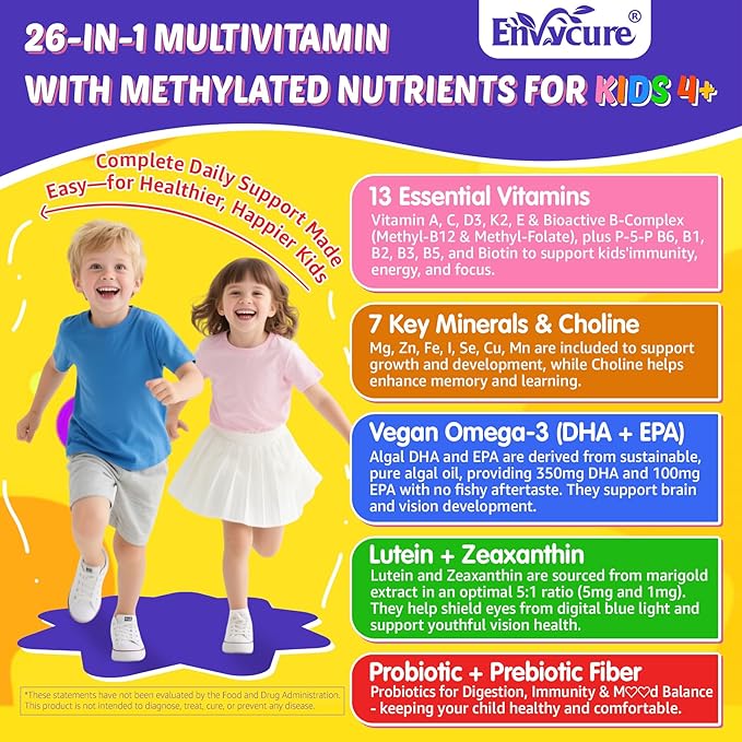 Kids Multivitamin Gummies with Iron, 450mg Algae Omega-3, Methylated B12, Folate, Fiber 2g, Probiotics, Magnesium, A, C, D, K, Zinc, Children Vitamins for Growth, Brain, Eye, Gut, Immune, Sugar Free