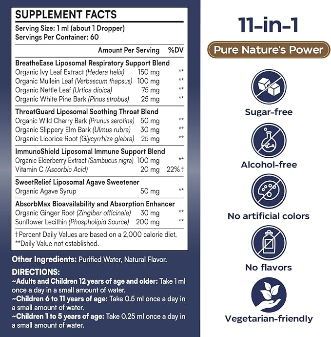 11-in-1 Liposomal Respiratory Relief Drops - Mullein Drops for Lungs with Elderberry, Licorice Root - Support Lung Cleanse and Mucus Relief - Suitable for Kids and Adults (1 Pack)