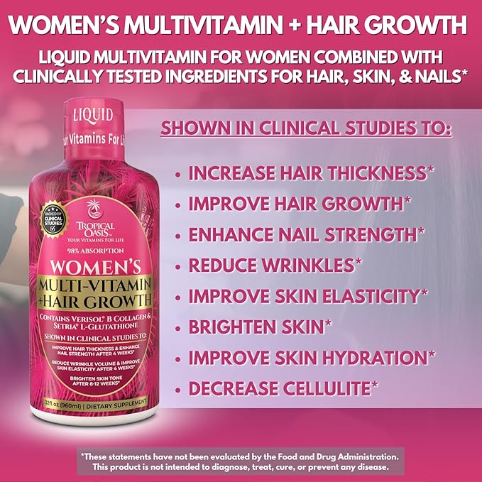 Tropical Oasis Women's Liquid Multivitamin + Hair Growth | Clinically Tested for Thicker Hair, Wrinkles, Brighter Skin, Strong Nails | 2.5g Verisol Collagen | Biotin 12500mcg | 32 Serv