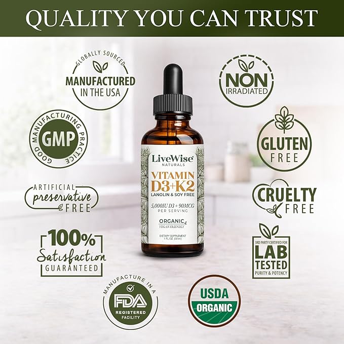 Live Wise Naturals Vegan D3 K2 Vitamin 5000 IU, 90 MCG (MK-7) Drops - 60 Servings, Ultra Concentrated Formulation, and Fast Absorption - Precision Micro-Dosing Dropper for Cognitive & Immune Support