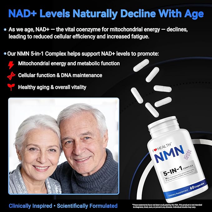 NMN Supplement, 5-in-1 Complex with NAC, Alpha Lipoic Acid, CoQ10 & Resveratrol - High Absorption Anti Aging Formula - Third Party Tested, cGMP, Gluten Free - 60 Capsules