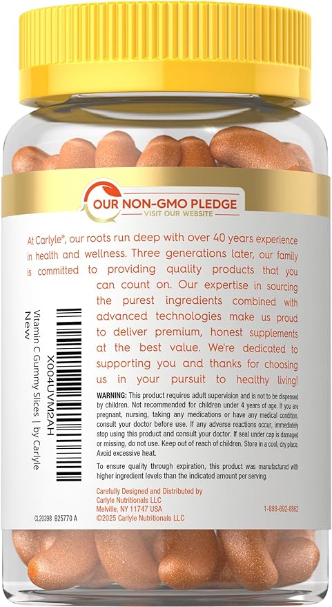 Carlyle Vitamin C Gummies | 60 Count | Orange Flavor | with Vitamin E | Vegan, Non-GMO, and Gluten Free Supplement