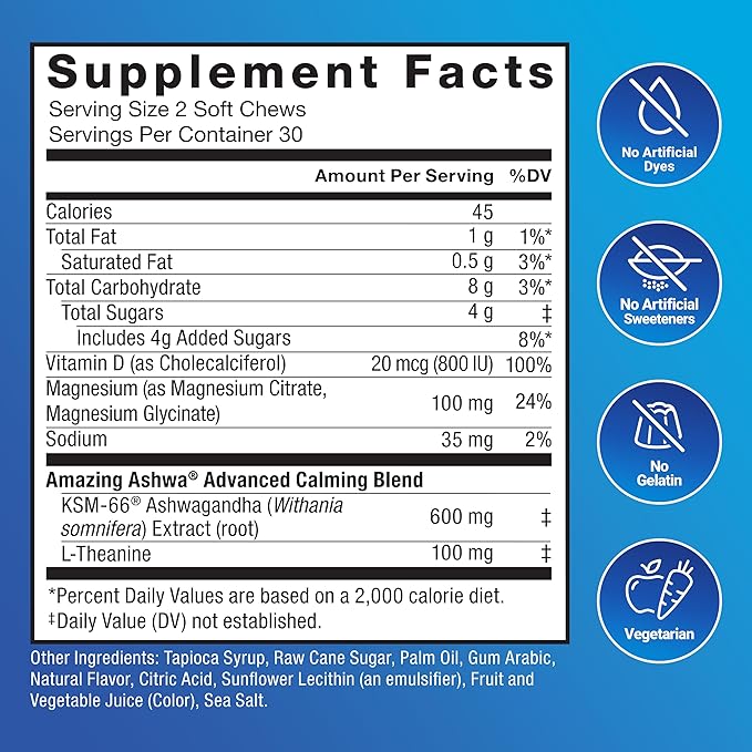 Force Factor Amazing Ashwa Complete Calm Support, KSM-66 Ashwagandha, Like Ashwangandha Gummies to Promote Calm & Relaxation with Magnesium & L-Theanine, Blueberry Pomegranate, 120 Soft Chews, 2-Pack