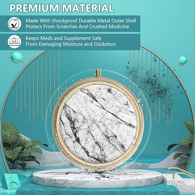 Pill Case Pill Box with Mirror Retro 3 Compartment Small Pill Case for Purse or Pocket Bronze Small Roud Pill Box or Vitamins, Fish Oil, Supplements, Pill Containe Travel Gifts（White Marble）