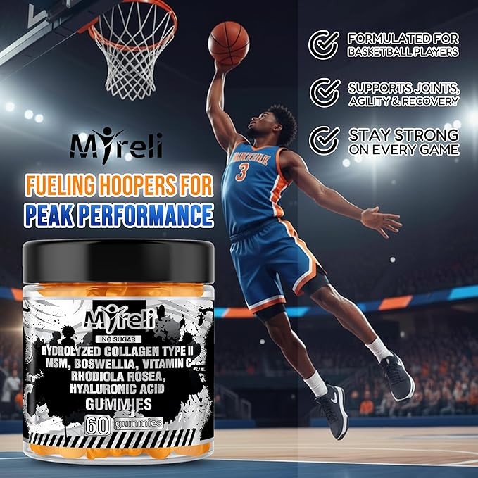 Hydrolyzed Collagen Type II 500mg, MSM 700mg, Boswellia 200mg, Vitamin C 400mg, Rhodiola 100mg, Hyaluronic Acid 100mg, Joint Mobility, Flexibility, Basketball Athletes, Vegan, Non GMO, 60 Gummy
