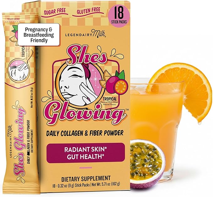 Legendairy Milk Collagen Peptides Powder & Prebiotic Fiber for Women, Digestive Health Drink Mix, Skin, Cellulite, Fine Lines & Regularity, Tropical Flavor Supplement, She’s Glowing 18 Stick Packs