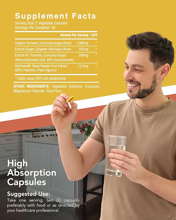 Organic Turmeric & Ginger Capsules - Turmeric Curcumin with Ginger & BioPerine, 95% Curcuminoids - Joint, Digestion, Immunity Support, Black Pepper Extract for Increased Absorption