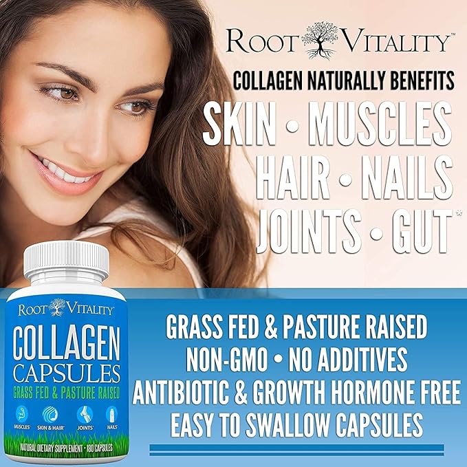Root Vitality Collagen Peptides Capsules - Grass-Fed, Pasture-Raised Hydrolyzed Protein Supplement for Skin, Hair, & Nails - Non-GMO, Zero Sugar Daily Pills for Men & Women (180 Capsules)