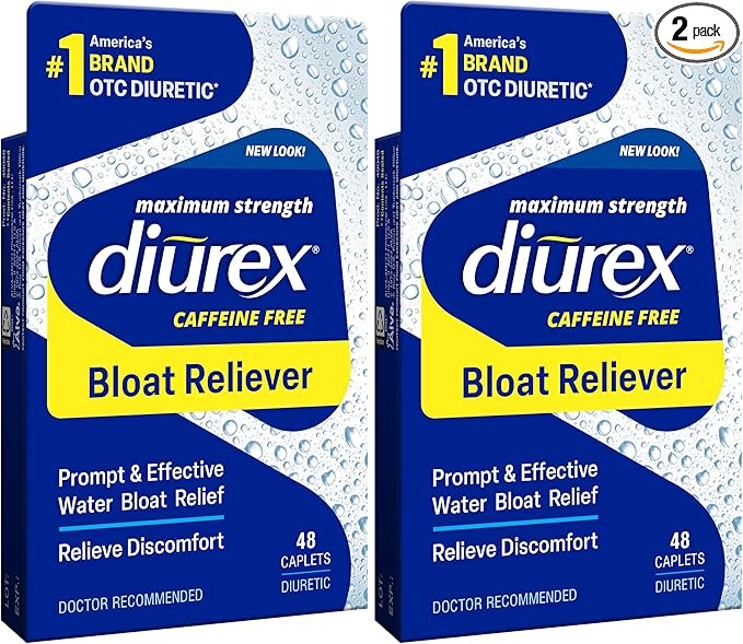 Diurex Caffeine-Free Bloat Relief, Maximum Strength, Relieve Water Bloat Discomfort, Up to 6 Hours of Relief, 48 Count (Pack of 2)
