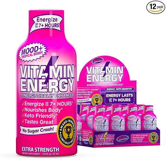 Vitamin Energy Mood+ Extra Strength Energy Shot Tropical Berry 12 Pack, 260mg Natural Caffeine, B-Vitamins, Rhodiola, Chamomile, Mood & Energy Support, Zero Sugar, Gluten-Free, Vegan, 1.93 fl oz