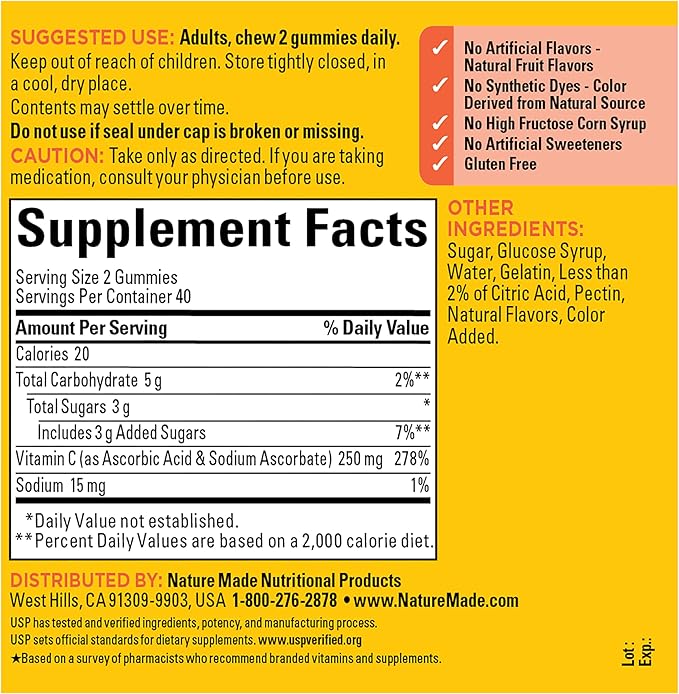 Nature Made Vitamin C 250 mg Per Serving, Dietary Supplement for Immune Support, Vitamin C Gummies for Adults, 80 Gummies, 40 Day Supply