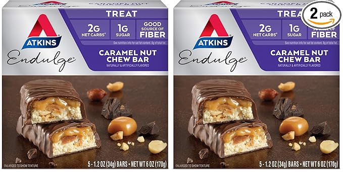 Atkins Endulge Caramel Nut Chew Bar, Dessert Favorite, 1g Sugar, Good Source of Fiber, 5 Count (Pack of 2)