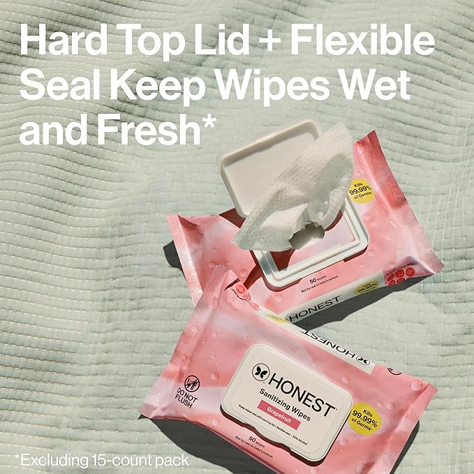 The Honest Company Grapefruit Grove Sanitizing Wipes, Kills 99.99% of Germs, Safe for All Hands, Antibacterial, Dermatologist Tested, 50 Count
