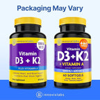 InnovixLabs Vitamin D3 K2-5000 IU Vitamin D3 Plus 600 mcg Vitamin K2 MK4 and MK7 for Max Calcium Absorption, Supports Bone, Immune, Heart Health, 3rd Party Tested, Gluten Free, 60 Softgels (Pack of 2)