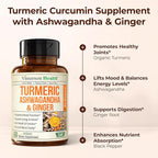 Ashwagandha Organic Turmeric Curcumin Supplement with Ginger Root & Black Pepper – Joint Health, Energy & Immune Support – Antioxidant Blend with 95% Curcuminoids – 2 Pack