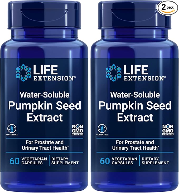 Life Extension Water-Soluble Pumpkin Seed Extract, Promotes Prostate & Urinary Tract Health, Bladder Health Support, Men, Women, Gluten-Free, Non-GMO, Vegetarian, 60 Capsules, (Pack of 2)