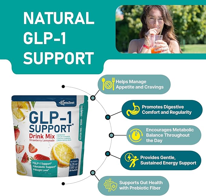 GLP-1 Support Drink Mix Powder - Women Men Weight Loss Support - GLP1 Support Prebiotic Fiber Supplement - Daily Natural Metabolism & Fat Burn Support - Reduce Bloating Gut
