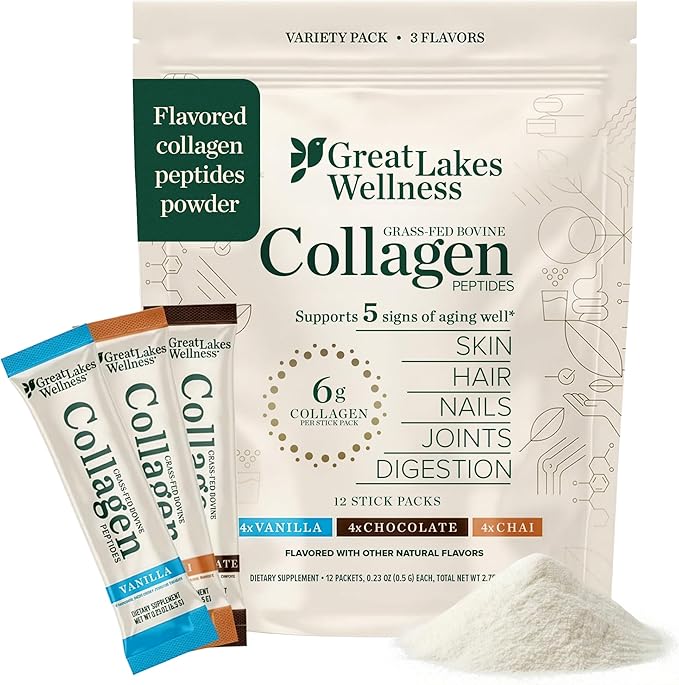 Great Lakes Wellness Collagen Peptides Powder for Skin, Hair, Nails, Joints & Digestion - Variety Flavors - Quick Dissolve Hydrolyzed, Non-GMO, Kosher - 12 Sticks