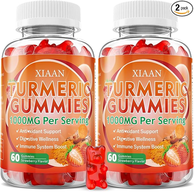 Turmeric Gummies 1000mg, Organic Turmeric Curcumin Supplement with Black Pepper for Immune & Muscle Support, Sugar-Free/Vegan/Gluten-Free, Strawberry Flavor 120 Count