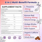 Vegan L-Theanine Gummies 200mg with Caffeine(100mg), Korean Red Ginseng & Ginkgo Biloba- Brain Supplement for Focus, Memory & Energy, Sugar-Free, No Jitters, 120 Counts