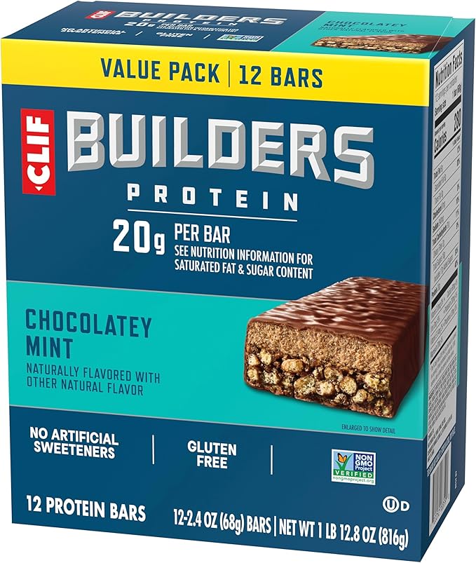 CLIF BUILDERS Protein Bars - Chocolatey Mint - 20g Plant Based Protein - Gluten Free - Non-GMO - Low Glycemic - No Artificial Sweeteners - 2.4 oz. (12 Pack)