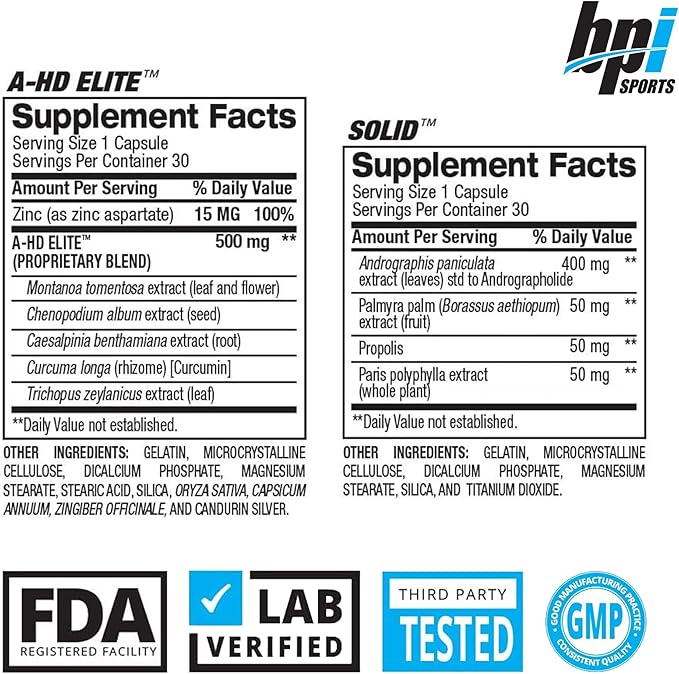 BPI Sports A-HD Elite/Solid Testosterone Booster for Men - Testosterone Supplement for Muscle, Strength, Libido & Performance Support - Promotes Natural Fat Loss – 30 Servings – 550mg
