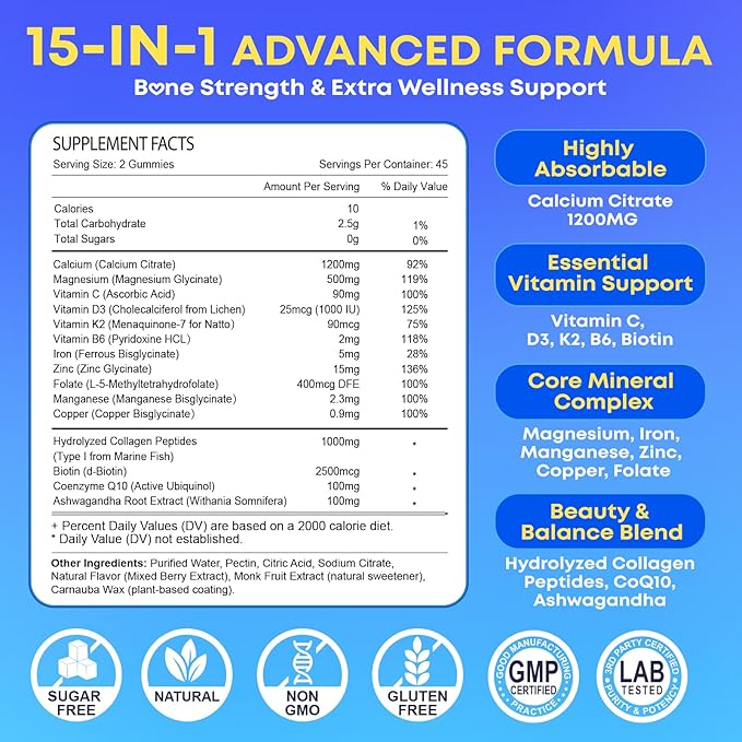 90 Count Calcium Citrate Gummies 1200 mg with Vitamin D3, K2, Magnesium & Zinc, High Absorption Calcium Supplements for Women & Men for B0ne, Muscle & Immune Support, Sugar Free, Mixed Berry Flavor