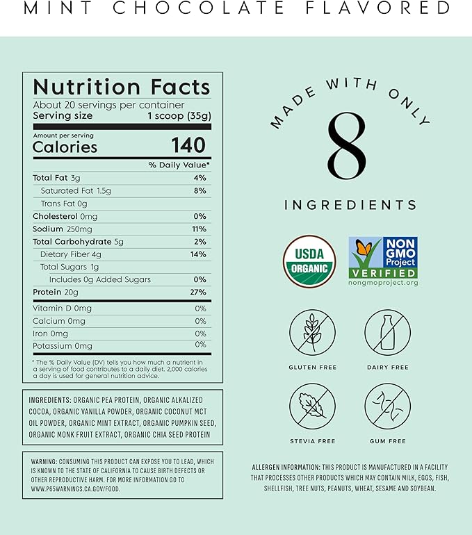 Truvani Vegan Pea Protein Powder | Mint Chocolate | 20g Organic Plant Based Protein Per Serving | 20 Servings | Keto | Gluten & Dairy Free | Low Carb | No Added Sugar