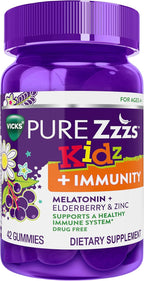 Pure Zzzs Kidz + Immunity by Vicks, Melatonin Sleep Aid Gummies for Kids and Children, Zinc for Immune Support, Low Dose Melatonin, Berry Flavored, 42 Gummies