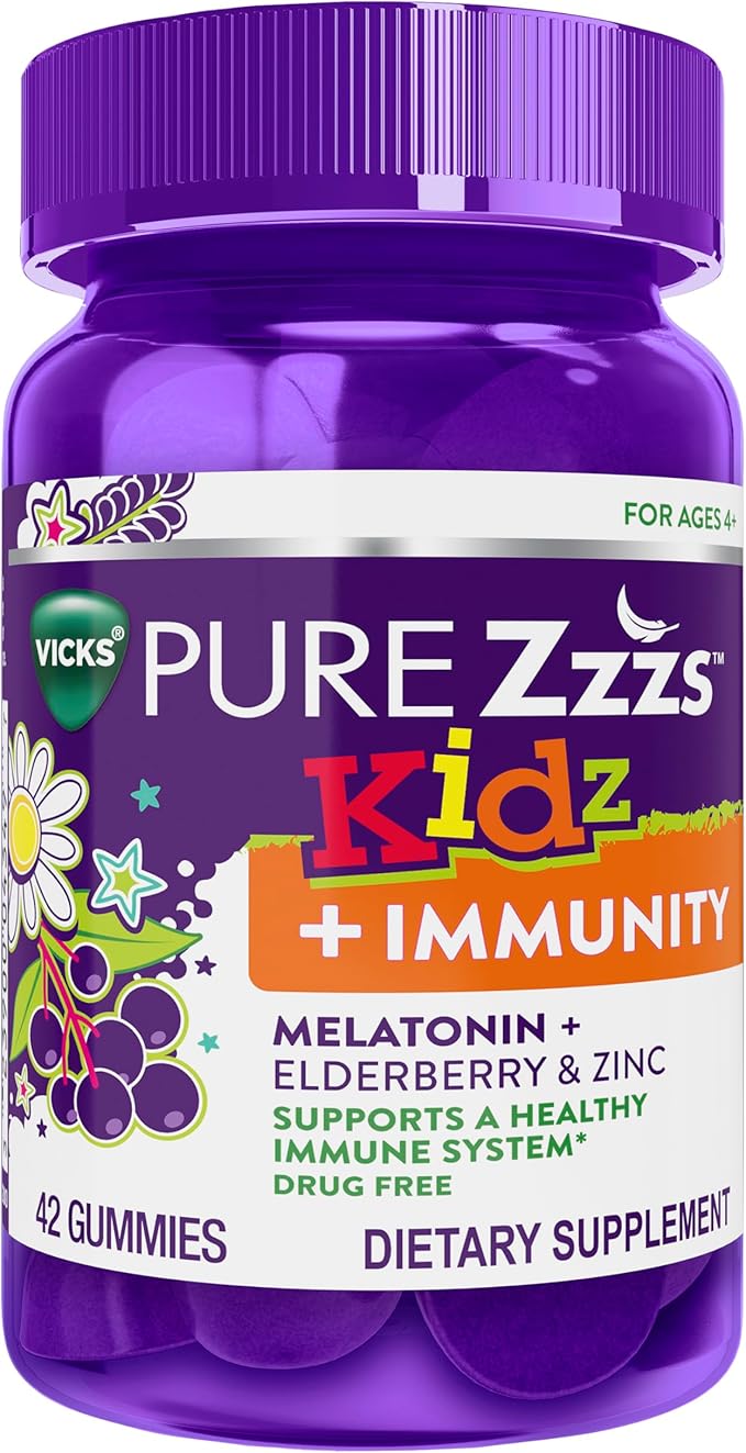 Pure Zzzs Kidz + Immunity by Vicks, Melatonin Sleep Aid Gummies for Kids and Children, Zinc for Immune Support, Low Dose Melatonin, Berry Flavored, 42 Gummies