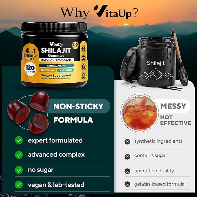 VitaUp Himalayan Shilajit Gummies - Sugar Free Natural Shilajit Gummies with Fulvic Acid, Ashwagandha, Lions Mane, Black Seed - Immune & Energy Support - 120 Count