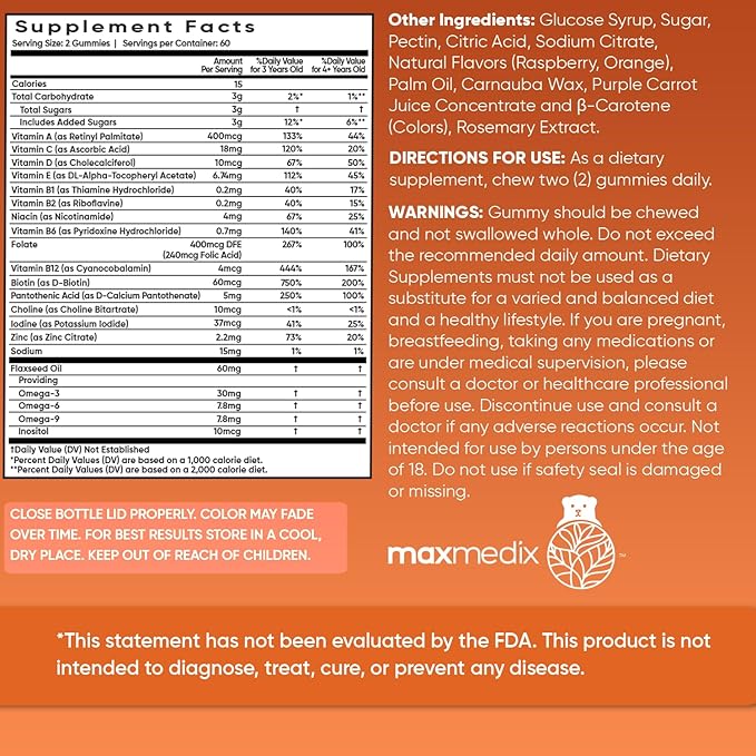 maxmedix Kids Multivitamin Gummies with Omega 3 6 9 | 20 Essential Kids Vitamins & Minerals for Healthy Immune System | 2-Month Supply | Children's Vitamins in Natural Raspberry & Orange Flavors