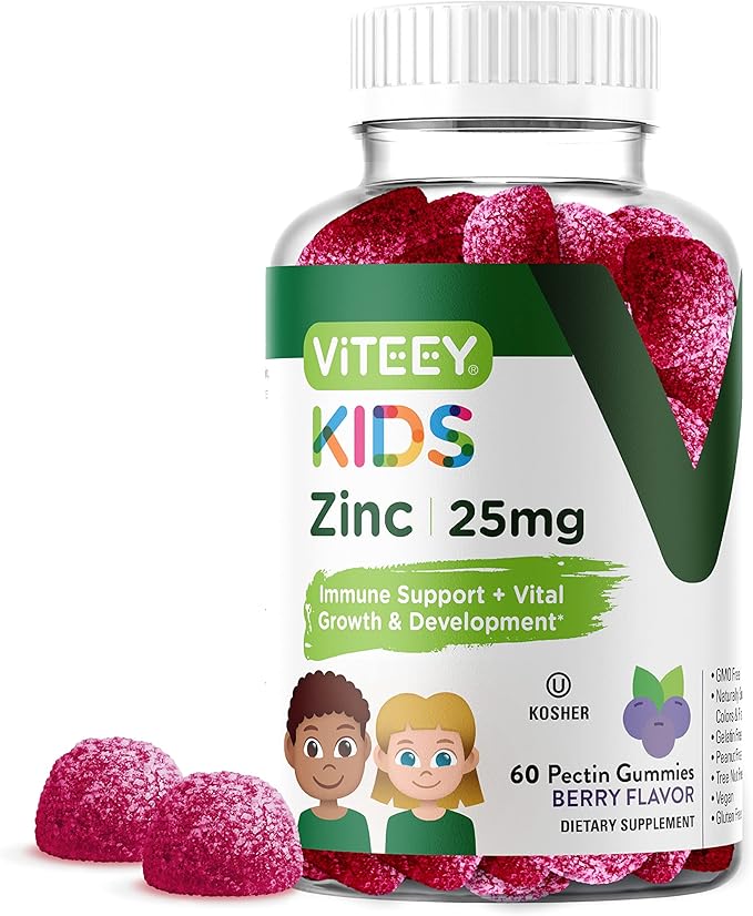 Viteey Zinc for Kids Gummies, 25mg - Immune Support - Powerful Natural Antioxidant, Kids Zinc Vitamin Supplement - Vegan, Gelatin Free, Gluten Free - Tasty Chewable Berry Flavor Gummy
