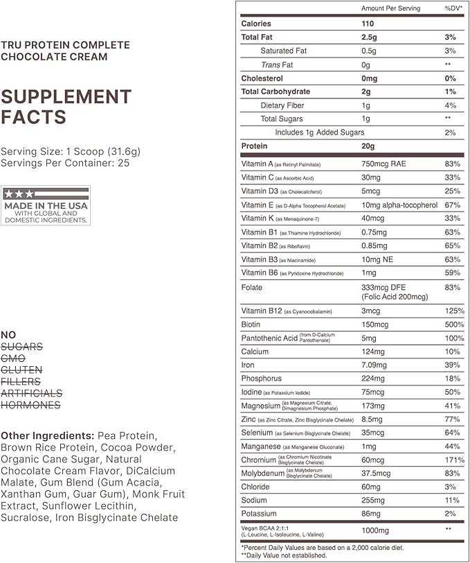 TRU Supplements Plant Based Protein Powder, BCAA, EAA, 20g Vegan Brown Rice & Pea Protein, 100 Calories, 27 Vitamins, No Artificial Flavors 25 Servings (Natural Chocolate Cream)