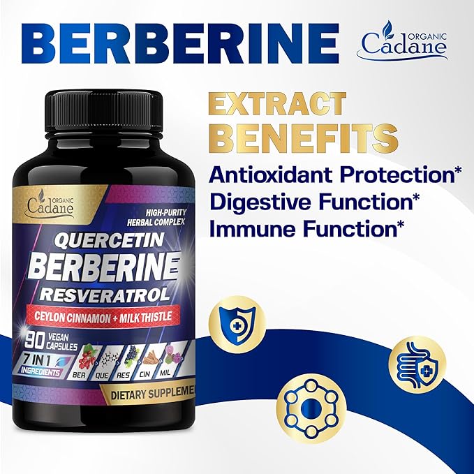 Organic Cadane 7in1 Pure Berberine Supplement with Quercetin, Ceylon Cinnamon, Resveratrol, Milk Thistle, Grape Seed, and Black Pepper - 90 Capsules for 3-Month Supply - Immunity Health Support
