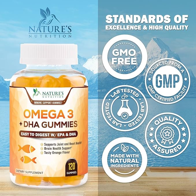 Omega 3 Fish Oil Gummies - Heart Healthy Omega 3 Gummy Supplement with High Absorption DHA & EPA, Extra Strength Joint & Brain Support, Delicious Orange Flavor Fish Oil Nature's Vitamin - 120 Gummies