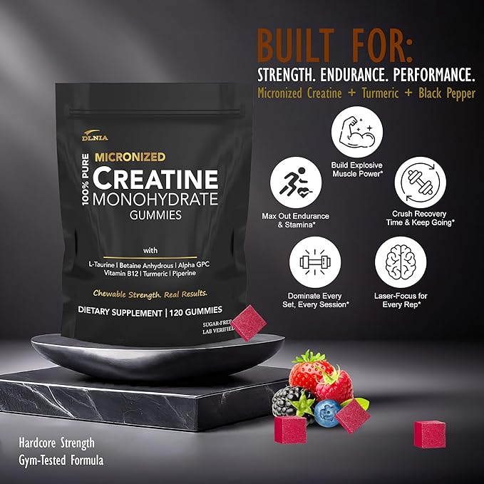 Creatine Monohydrate Gummies for Men & Women - Sugar Free & Vegan Advanced Formula W/L-Taurine + Vitamin B12 - for Muscle Strength, Muscles Builder, Recovery (120 Count (Pack of 1), Mixed Berry)