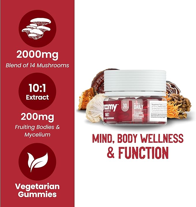 Troomy Daily 14 Mushroom Blend Gummies - Great Tasting Natural Mango Strawberry Flavor, Gelatin-Free, Gluten-Free, Vegetarian - 30 Count