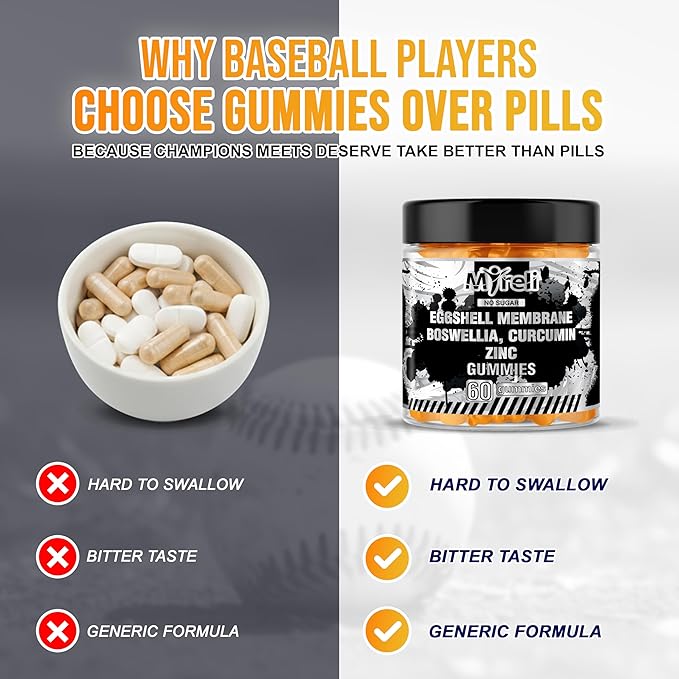 Eggshell Membrane 400mg, Boswellia 300mg, Curcumin 250mg & Zinc 20mg Gummies - Baseball Athlete Joint Support, Flexibility, Recovery, Antioxidant, Energy, Endurance - Vegan, Non-GMO, 60 Gummies