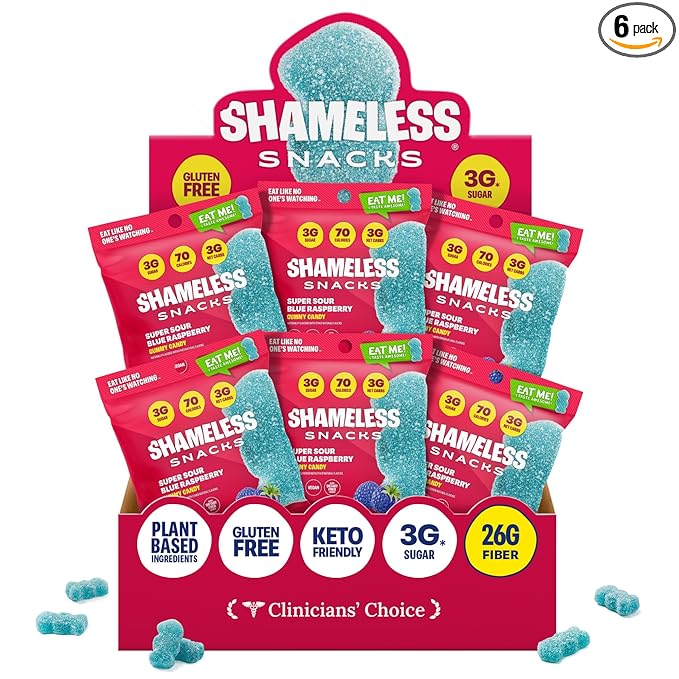 Shameless Snacks - Healthy Low Calorie Snacks, Low Carb Keto Gummies (Gluten Free Candy) - 6 Pack Sour Blue Raspberry
