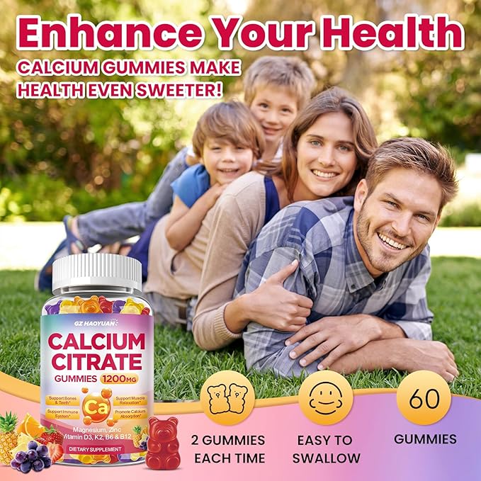 Calcium Citrate Gummies - 1200mg Calcium Gummies Supplements for Women & Men with Vitamin D3, K2, Magnesium, Zinc High Absorption for Bone, Muscle & Immune Support, Fruit Flavor, 60 Count