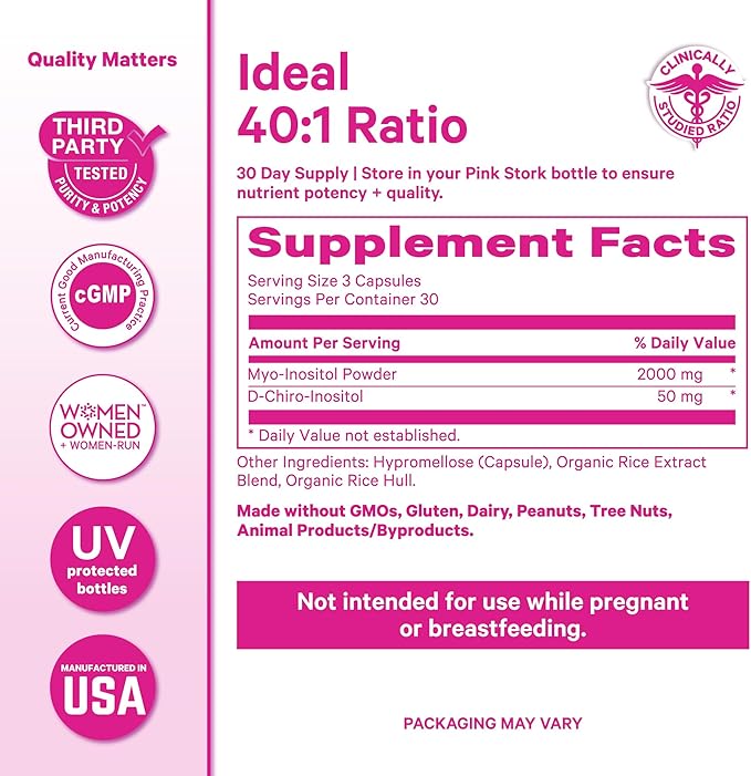 Pink Stork Myo-Inositol & D-Chiro Inositol Supplement - Hormonal Balance for Women - Ovarian Support - 40:1 Ratio - Fertility Supplements for Women - 180 Capsules, 2 Month Supply