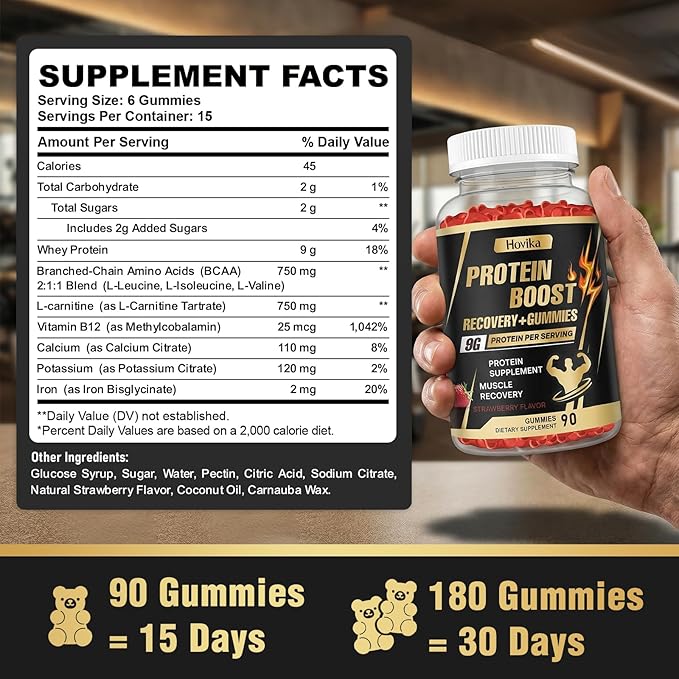 Whey Protein Gummies, 9g Protein per Serving, Easy to Take Snacks for Men & Women, Recovery + Supplement Gummies for Protein Boost, Muscle, Energy Support, Strawberry Flavor, 180 Gummies