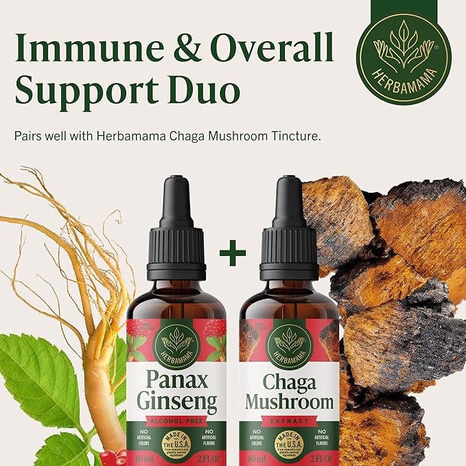 HERBAMAMA Panax Ginseng Root Tincture - Vegan Energy Support with Korean Red Ginseng Extract Liquid Drops - Non-GMO, Alcohol & Sugar-Free Immune Support Supplement - 28-Day Supply